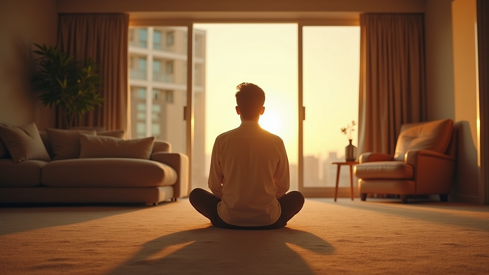 Eye-level view of a person calmly imagining a future event in a peaceful room