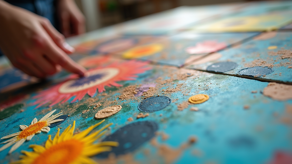Eye-level view of a colorful art portfolio with mixed media paintings
