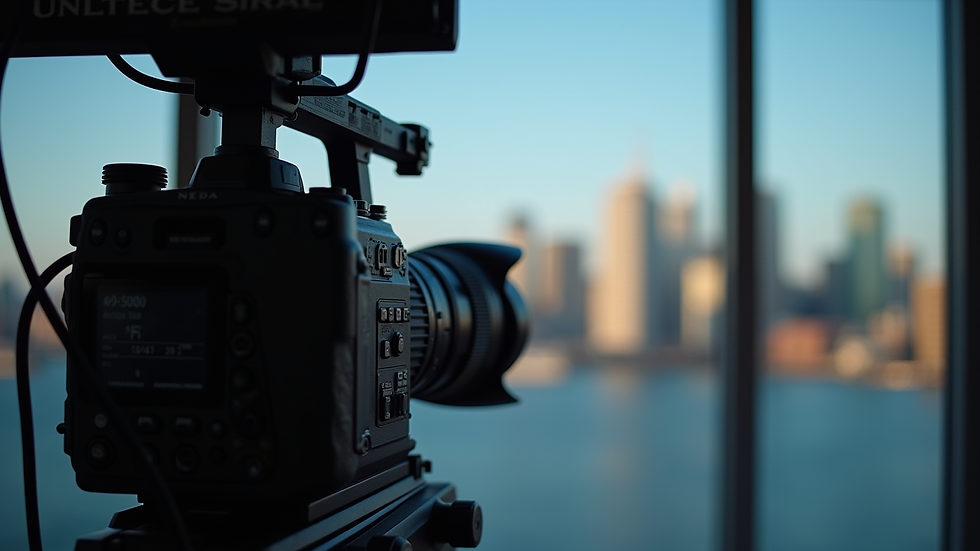 Close-up view of a professional camera set up in a Halifax studio with cityscape backdrop