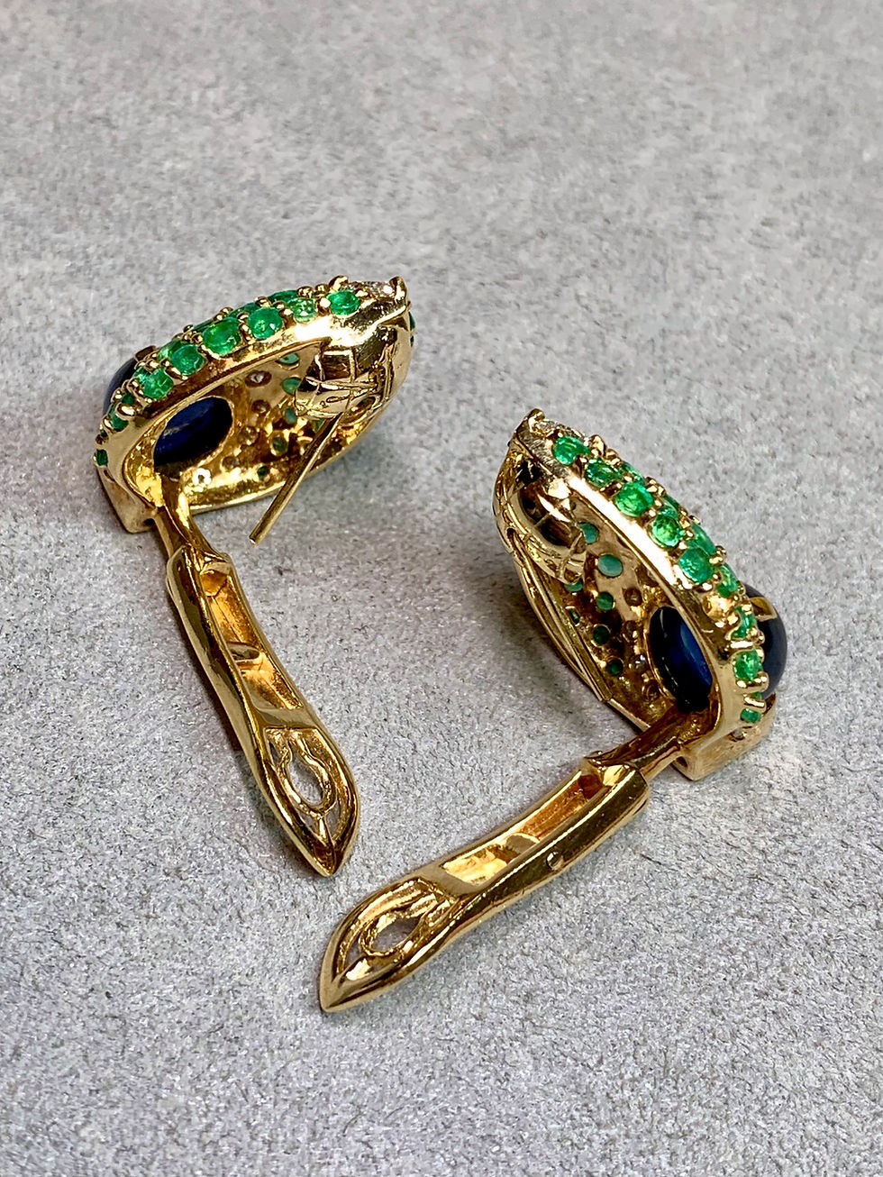 Thumbnail: Estate 18K Yellow Gold Cabochon Sapphire Emerald Diamond Huggie Earrings 13.40ct