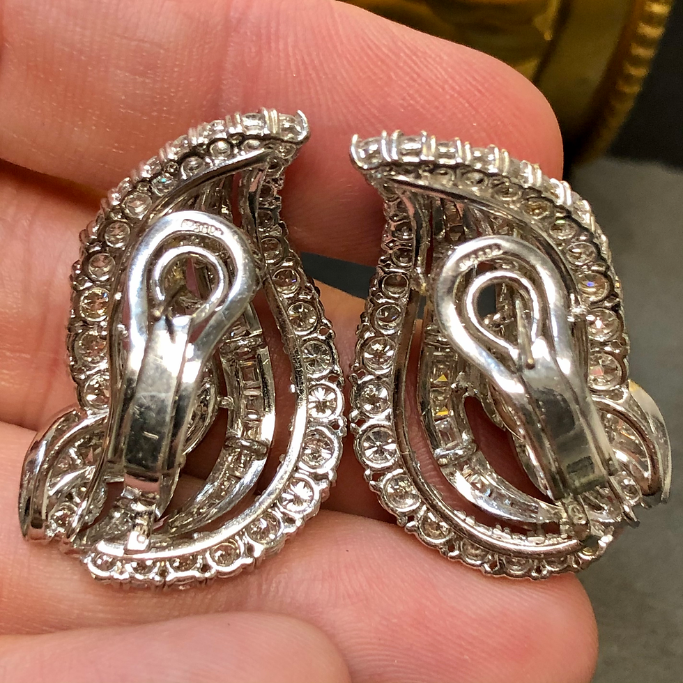 Thumbnail: Estate 18K White Paisley Leaf Baguette Round Diamond Omega Earrings 9cttw G Vs