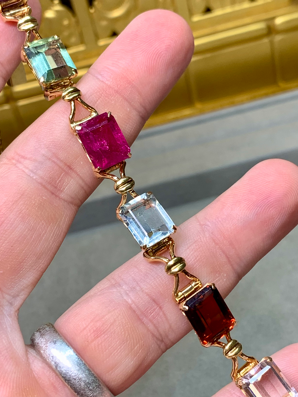 Thumbnail: Vintage 1950’s 18K Tourmaline Aquamarine Amethyst Gemstone Line Bracelet 40ctw