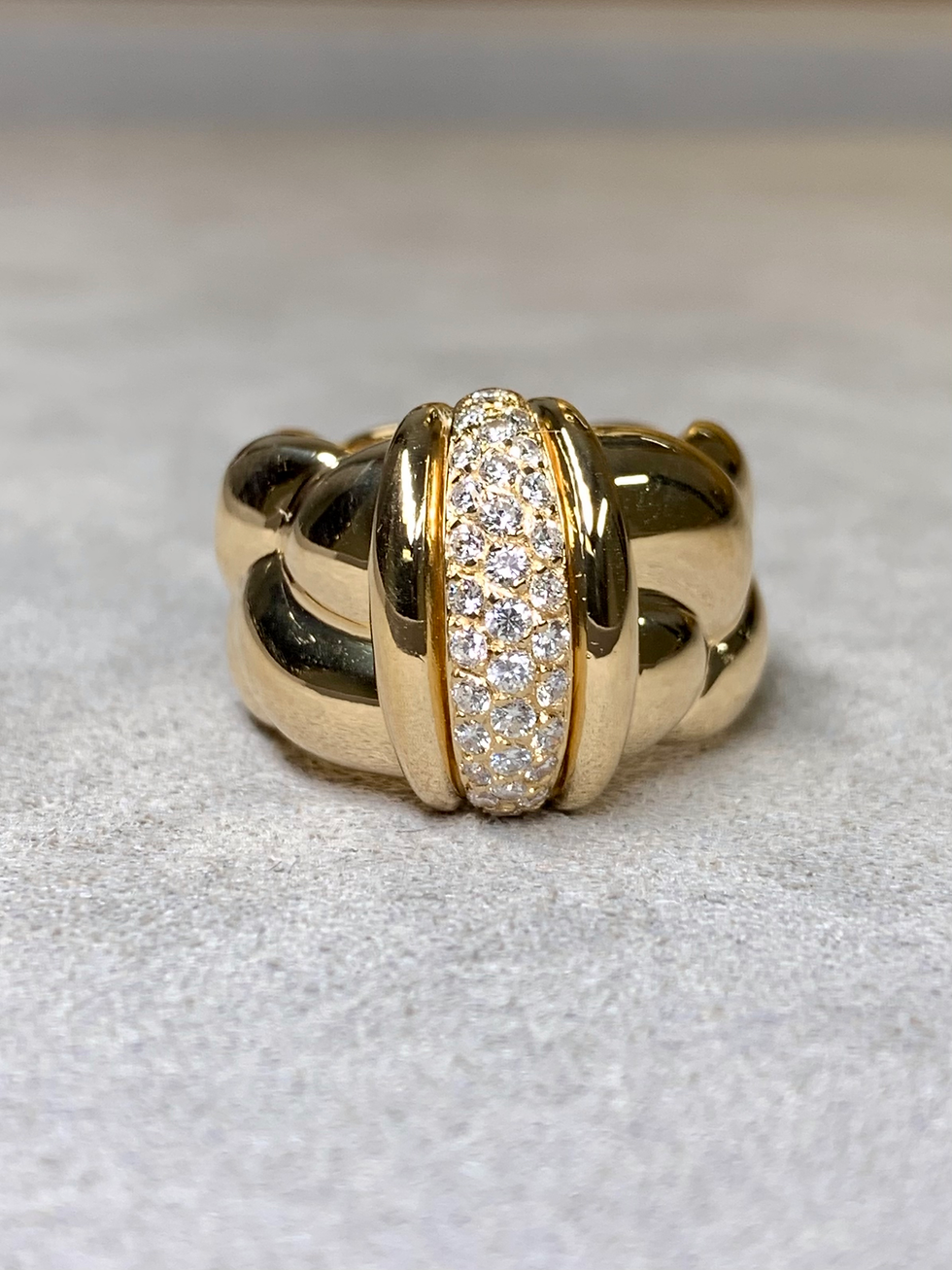 Thumbnail: Original O.J. Perrin French 18K Gold Diamond Pave Wide Rope Ring Signed 