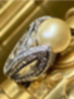 Thumbnail: Estate 18K Golden South Sea Pearl Baguette Round Diamond Cocktail Ring 3ctw 