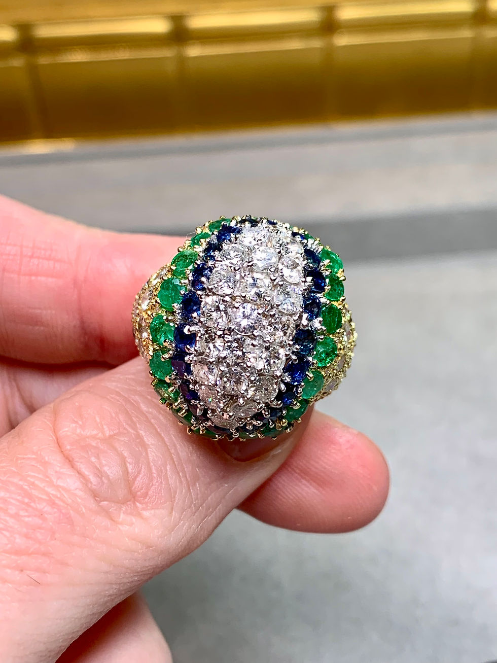 Thumbnail: Vintage 1960’s 18K Yellow Gold Diamond Sapphire Emerald Large Cocktail Ring 10ct