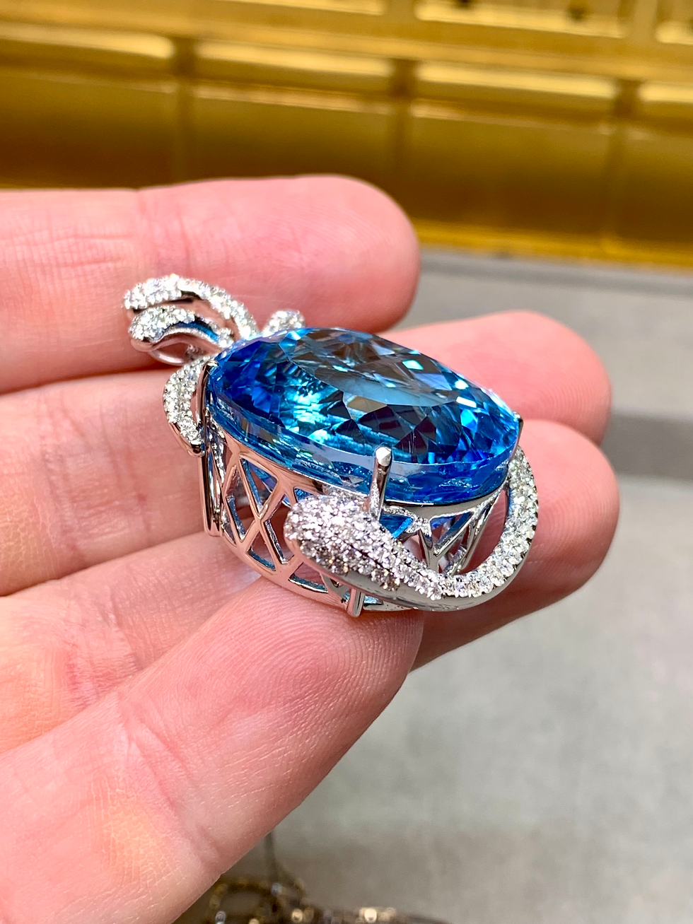 Thumbnail: Contemporary 18K Oval Topaz Pave Diamond Large Freeform Pendant Necklace 47.54ct