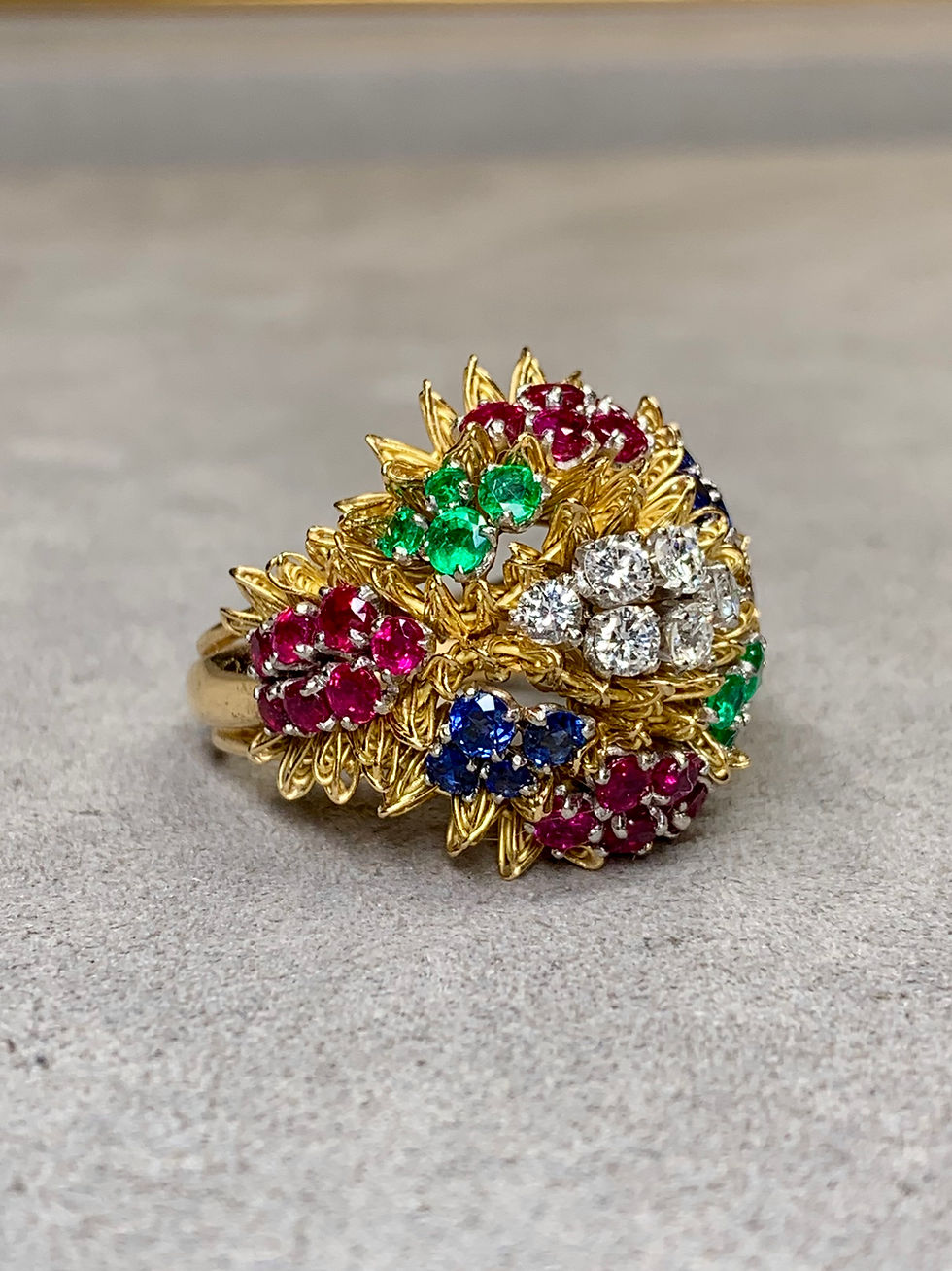Thumbnail: Vintage 1960’s French 18K Ruby Sapphire & Diamond Floral Bouquet Cocktail Ring