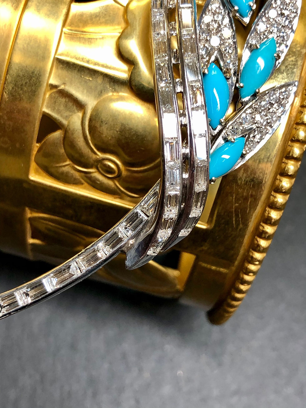Thumbnail: Vintage 18K Baguette Round Diamond Turquoise Leaf Brooch Pin Pendant 6.36cttw