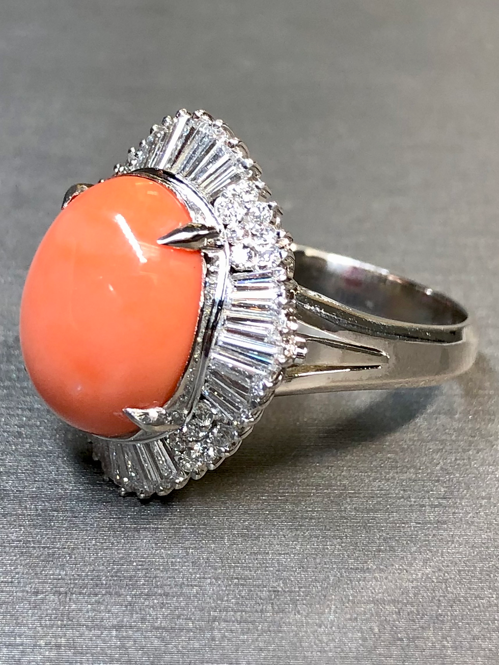 Thumbnail: Estste Platinum Baguette Diamond Coral Cabochon Ballerina Cocktail Ring 8.69ctw 