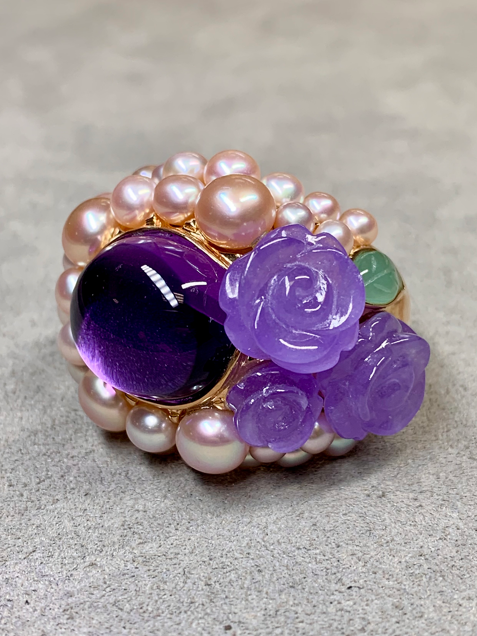 Thumbnail: Mimi Milano 18K Rose Gold Lavender Green Jade Amethyst Pearl Large Cocktail Ring