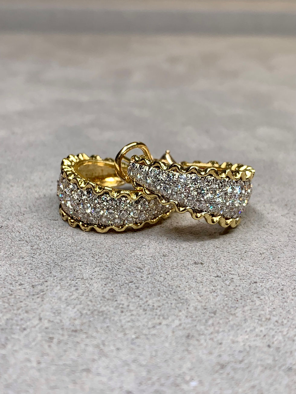 Thumbnail: Vintage 1960’s 18K Pavé Diamond Scalloped Omega Back Huggie Earrings  F VS1