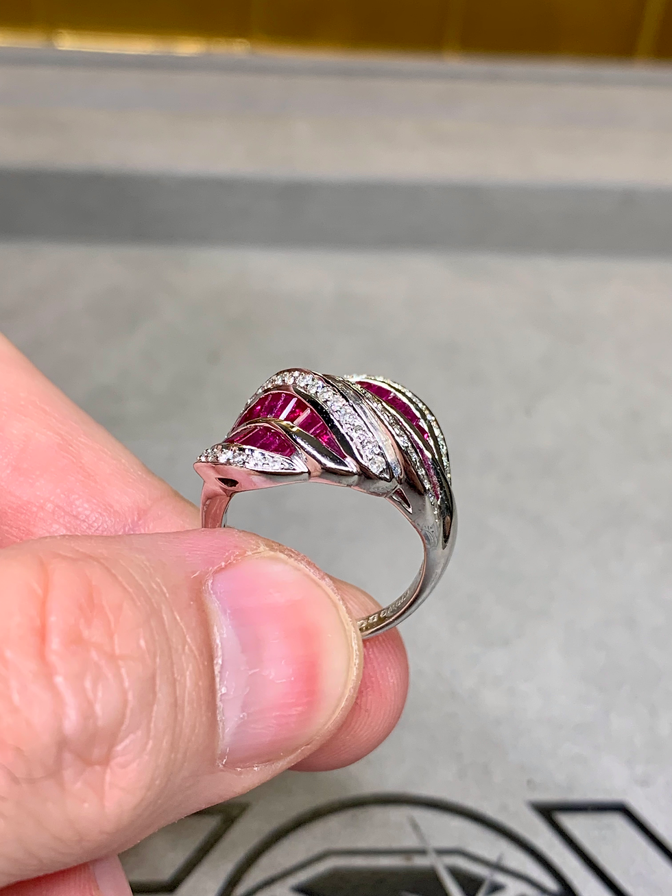 Thumbnail: Estate 18K White Gold Vivid Ruby Diamond Leaf Bypass Cocktail Ring