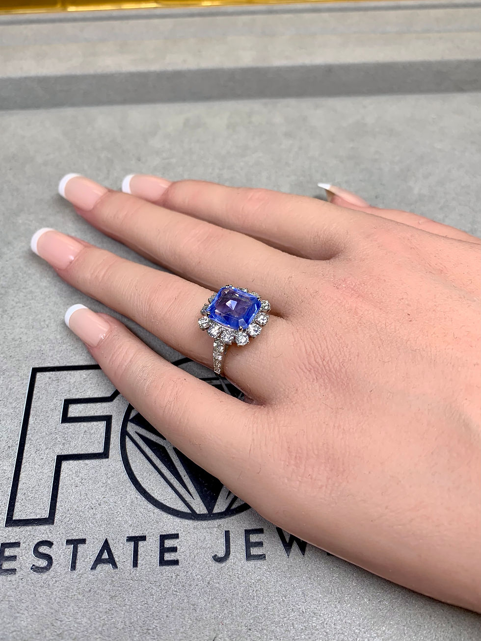 Thumbnail: Estate Platinum Square Step Cut No Heat Corflower Blue Sapphire Diamond Ring GIA
