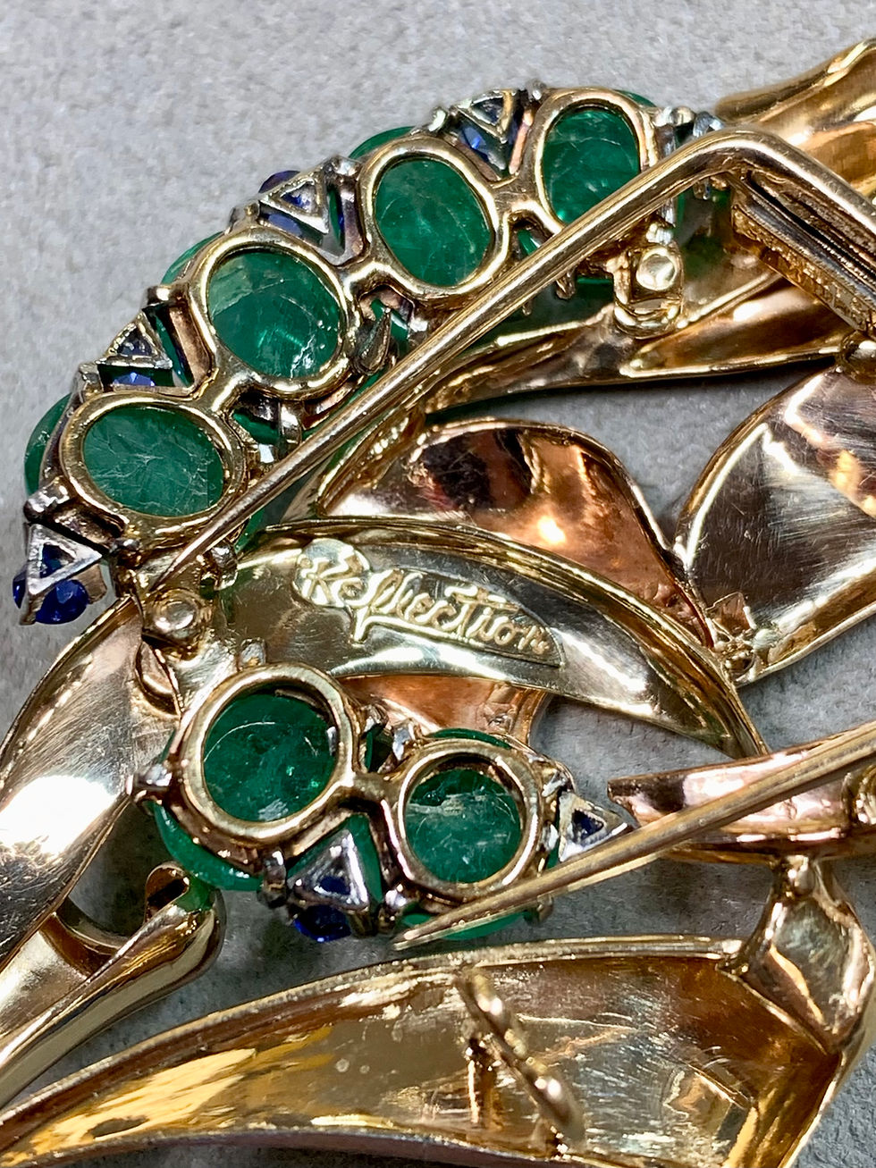Thumbnail: Vintage 14K Platinum Trabert Hoefer Mauboussin Emerald Sapphire Diamond Brooch 