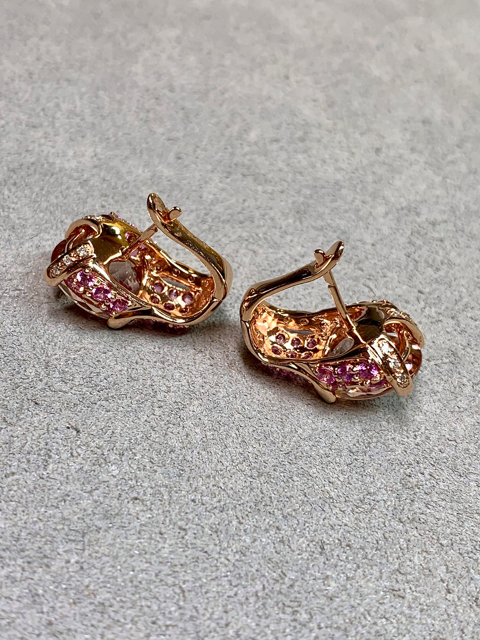 Thumbnail: Estate 14K Rose Gold Morganite Pink Sapphire Diamond Huggie Earrings 10.85ctw