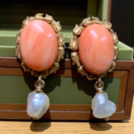 Antique Art Nouveau 18K Pink Coral Baroque Pearl Screwback Floral Earrings