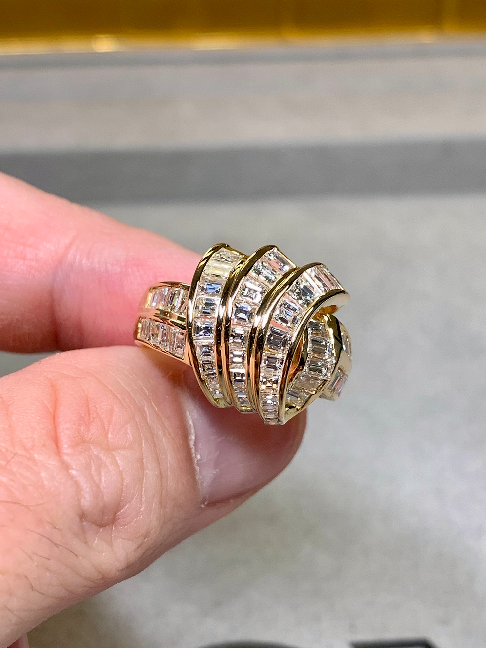 Thumbnail: Estate 18K Yellow Gold Square Baguette Diamond Dimensional Cocktail Ring 4.80ctw