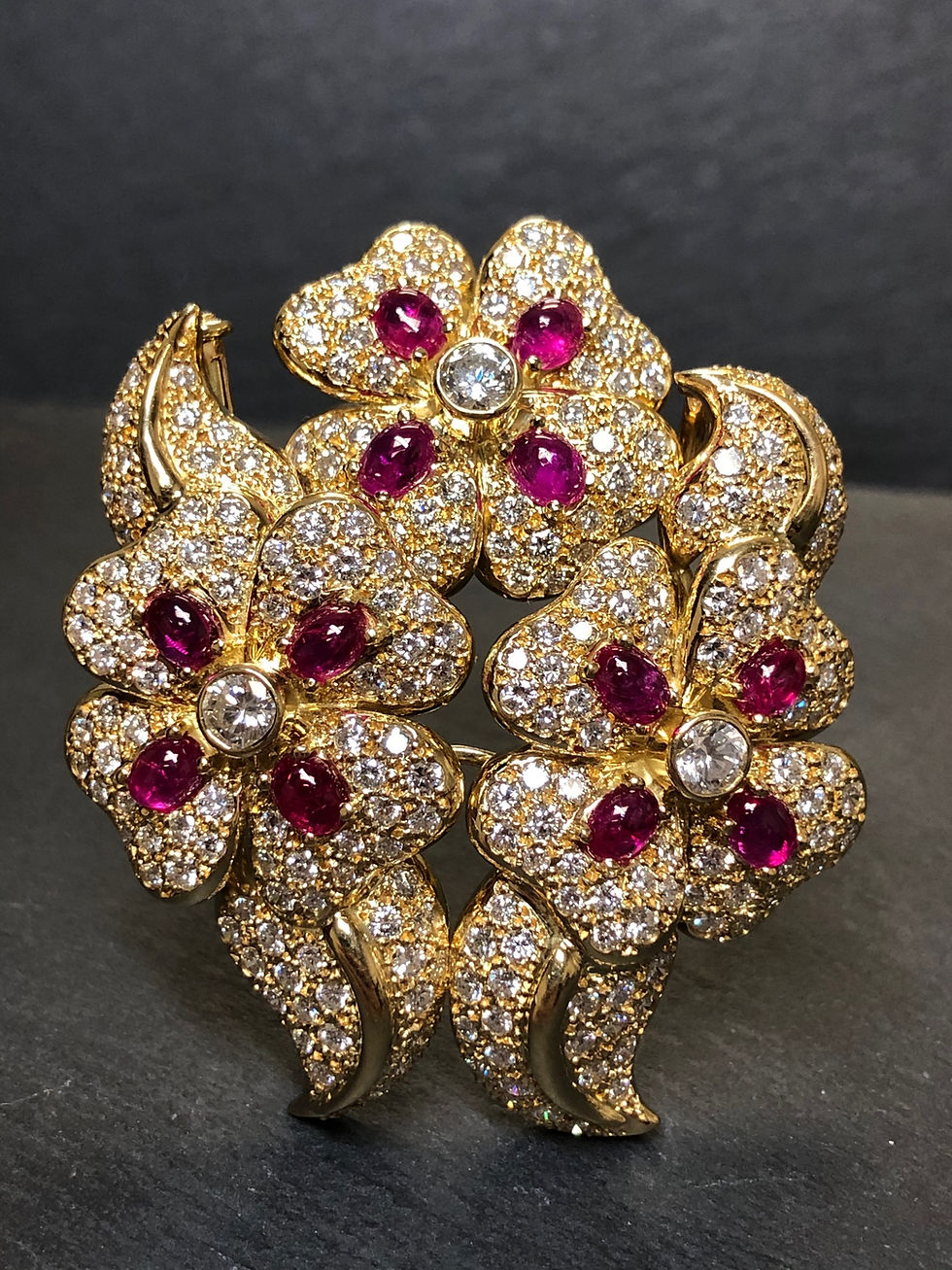 Thumbnail: Estate Floral 18K Diamond Cabochon Ruby Scatter Pin Brooch 14.50cttw