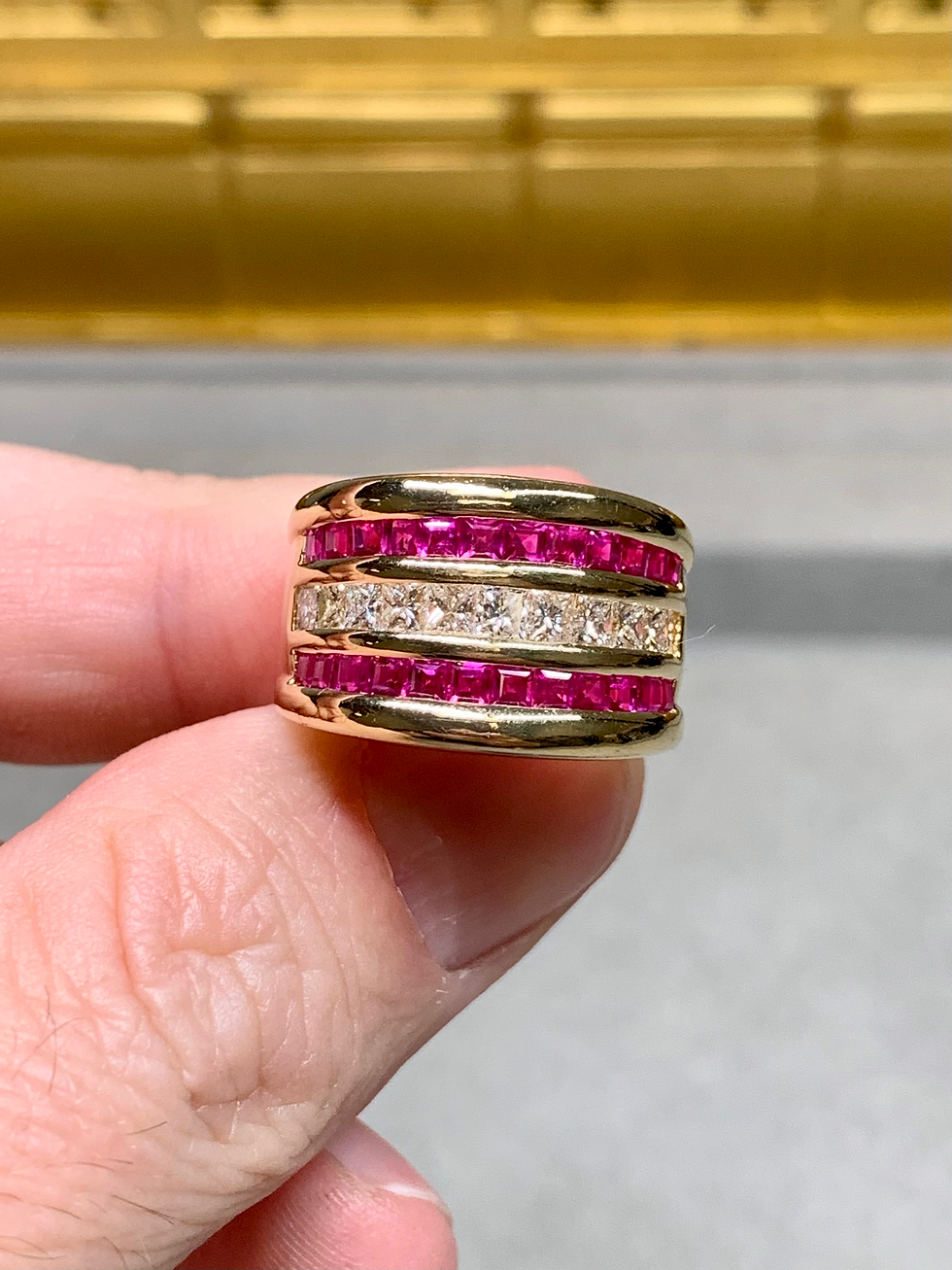 Thumbnail: Estate 18K Yellow Gold Ruby Princess Diamond Wide Heavy Cigar Cocktail Ring