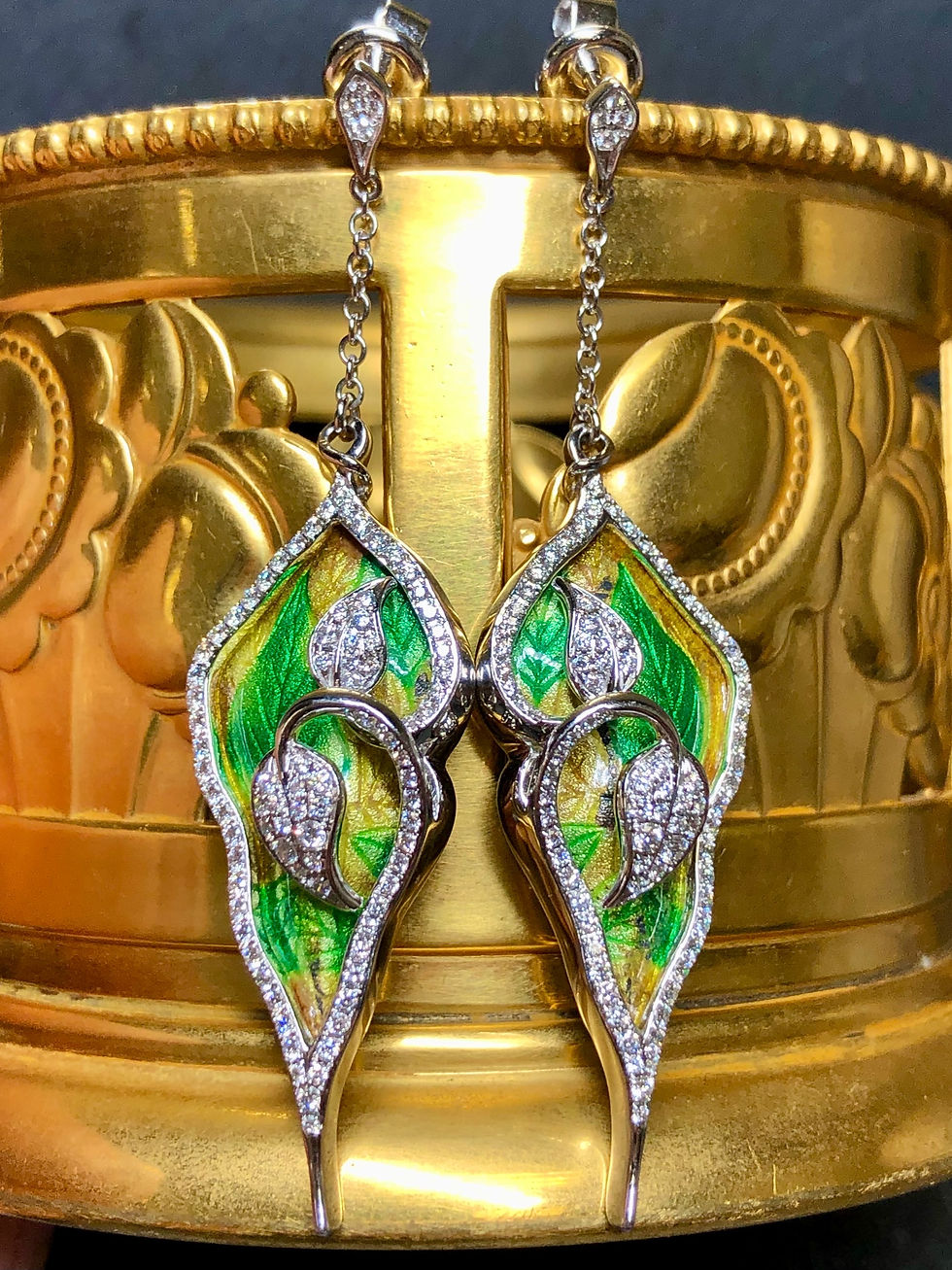 Thumbnail: Estate 18K Green Enamel Diamond Leaf Vine Drop Dangle Earrings 