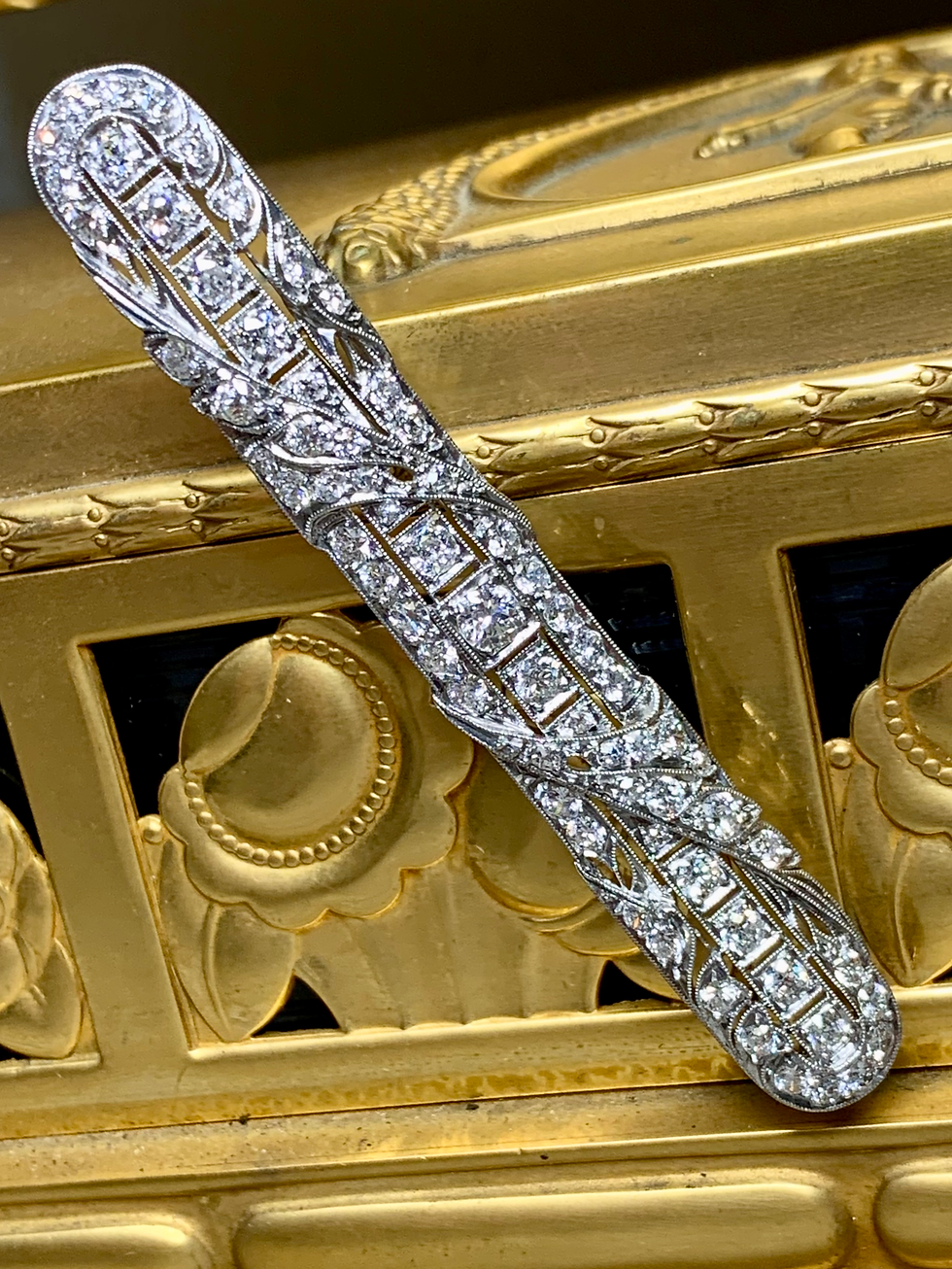 Thumbnail: Antique Art Deco Platinum Old European Cut  Diamond Filigree Bar Brooch 3.70ctw.