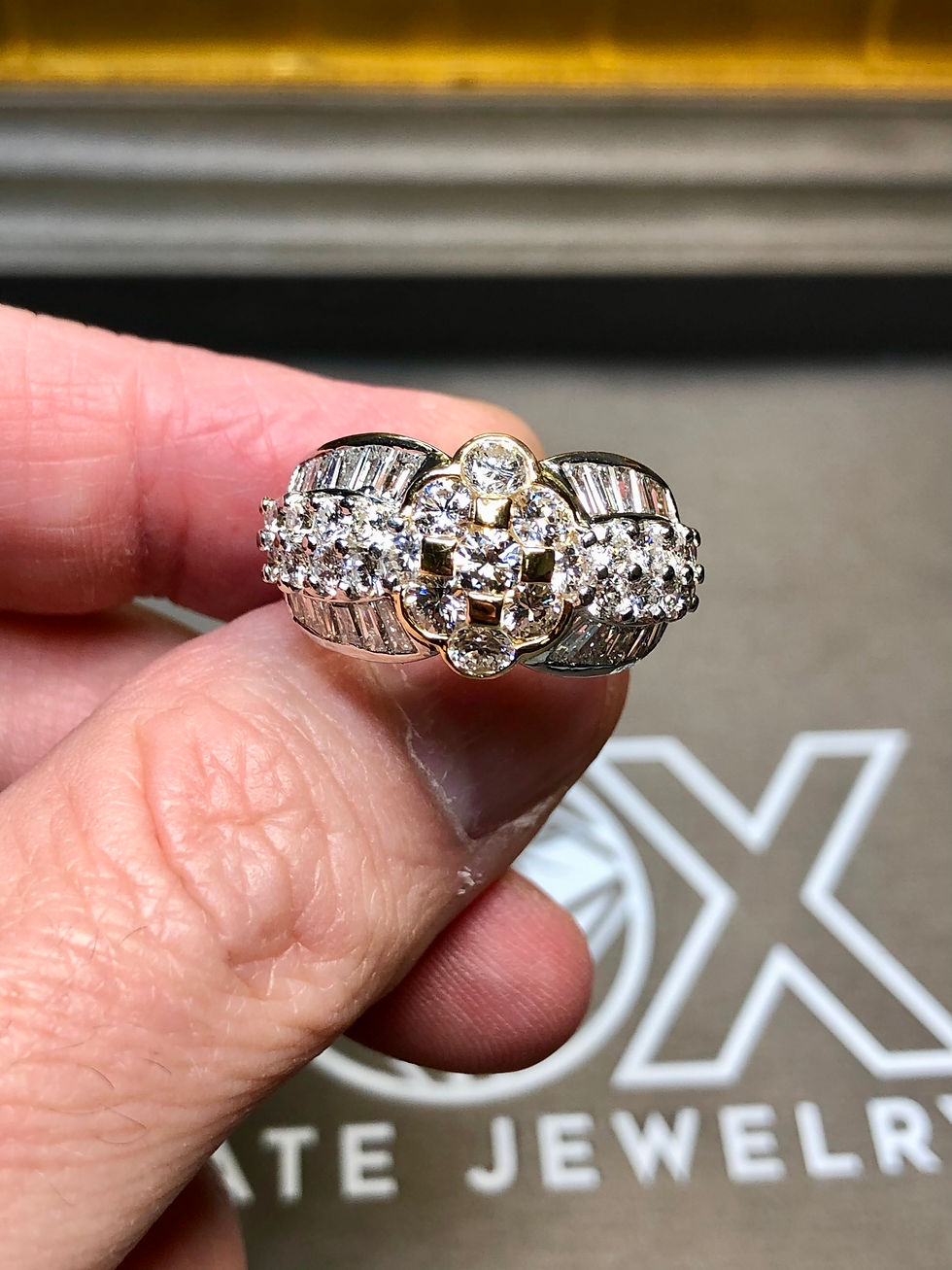 Thumbnail: Estate 18K Platinum Round Channel Baguette Diamond Cluster Cocktail Ring 3.95ctw