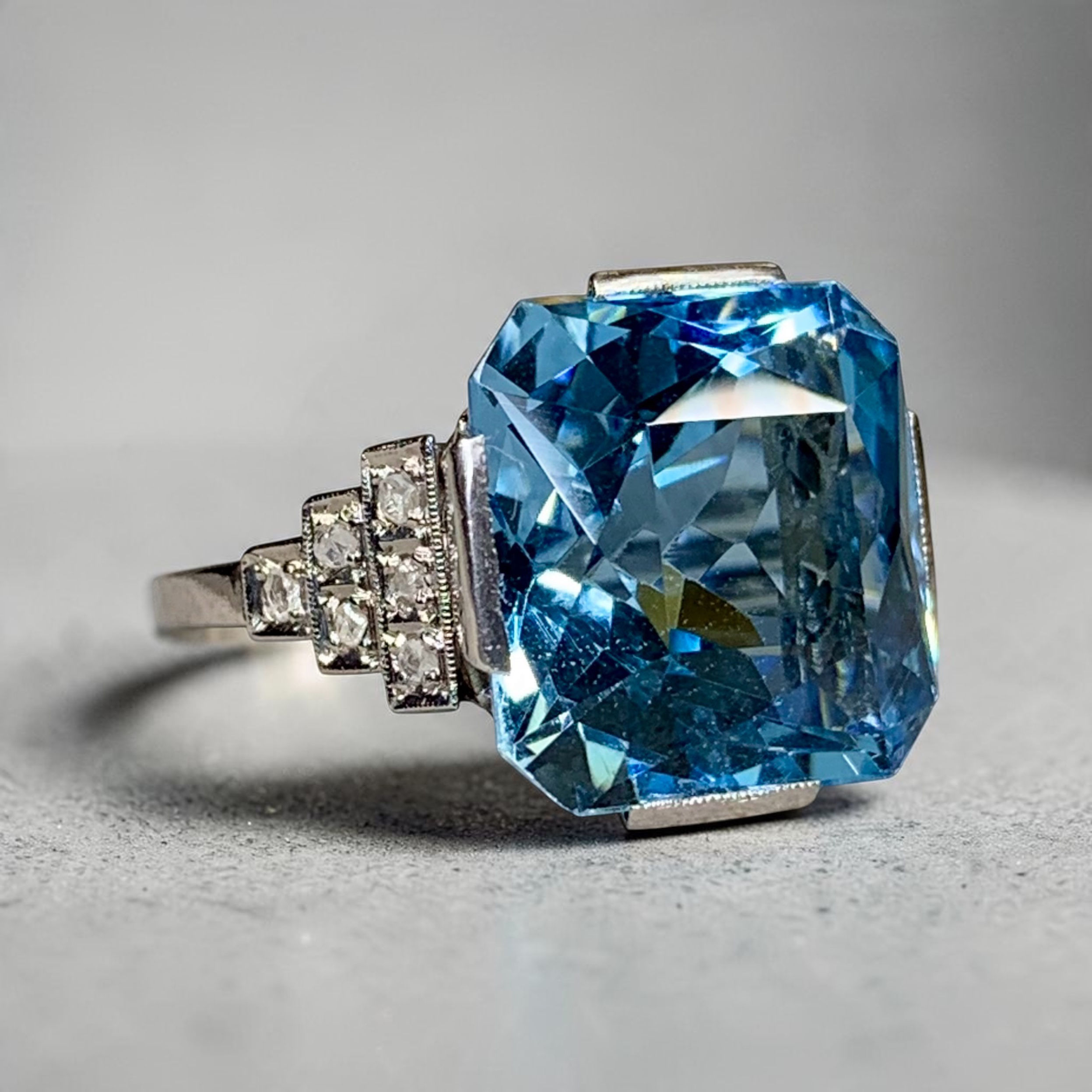 Art Deco Platinum Cushion Cut Santa Maria Aquamarine & Diamond Cocktail Ring