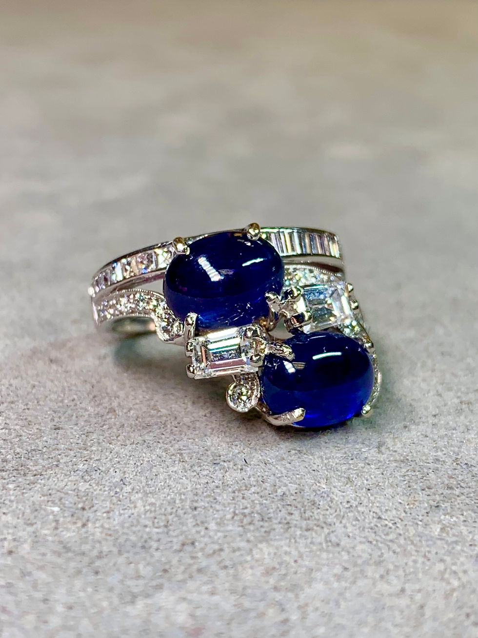 Thumbnail: Vintage 1950’s Birks Platinum Cabochon Sapphire French Diamond Cocktail Ring