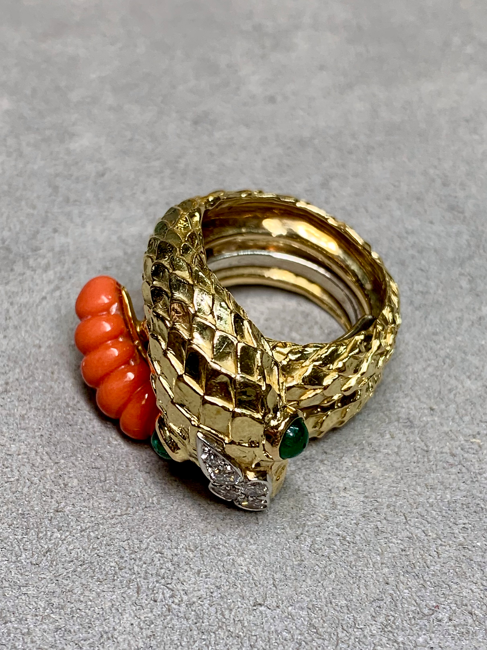 Thumbnail: Vintage 18K Coral Emerald Diamond Serpent Snake Wide Textured Cocktail Ring  