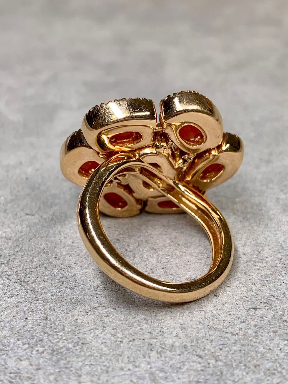 Thumbnail: Estate Zydo 18K Yellow Gold Cabochon Coral Diamond Floral Italian Cocktail Ring