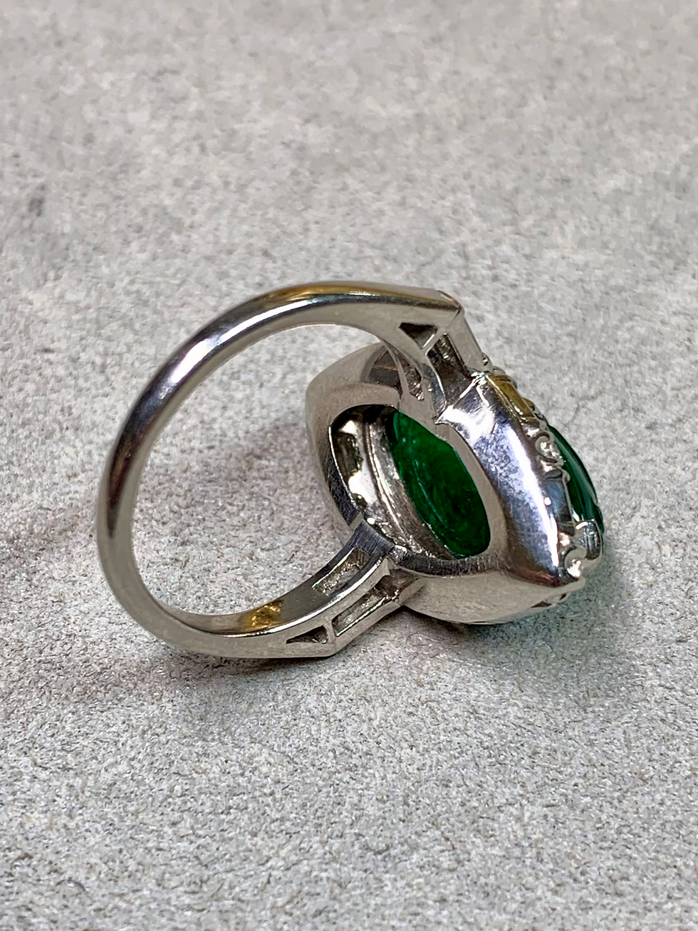 Thumbnail: Antique Art Deco Platinum 7ct Carved Emerald & Diamond Ring Brazil F1 GIA