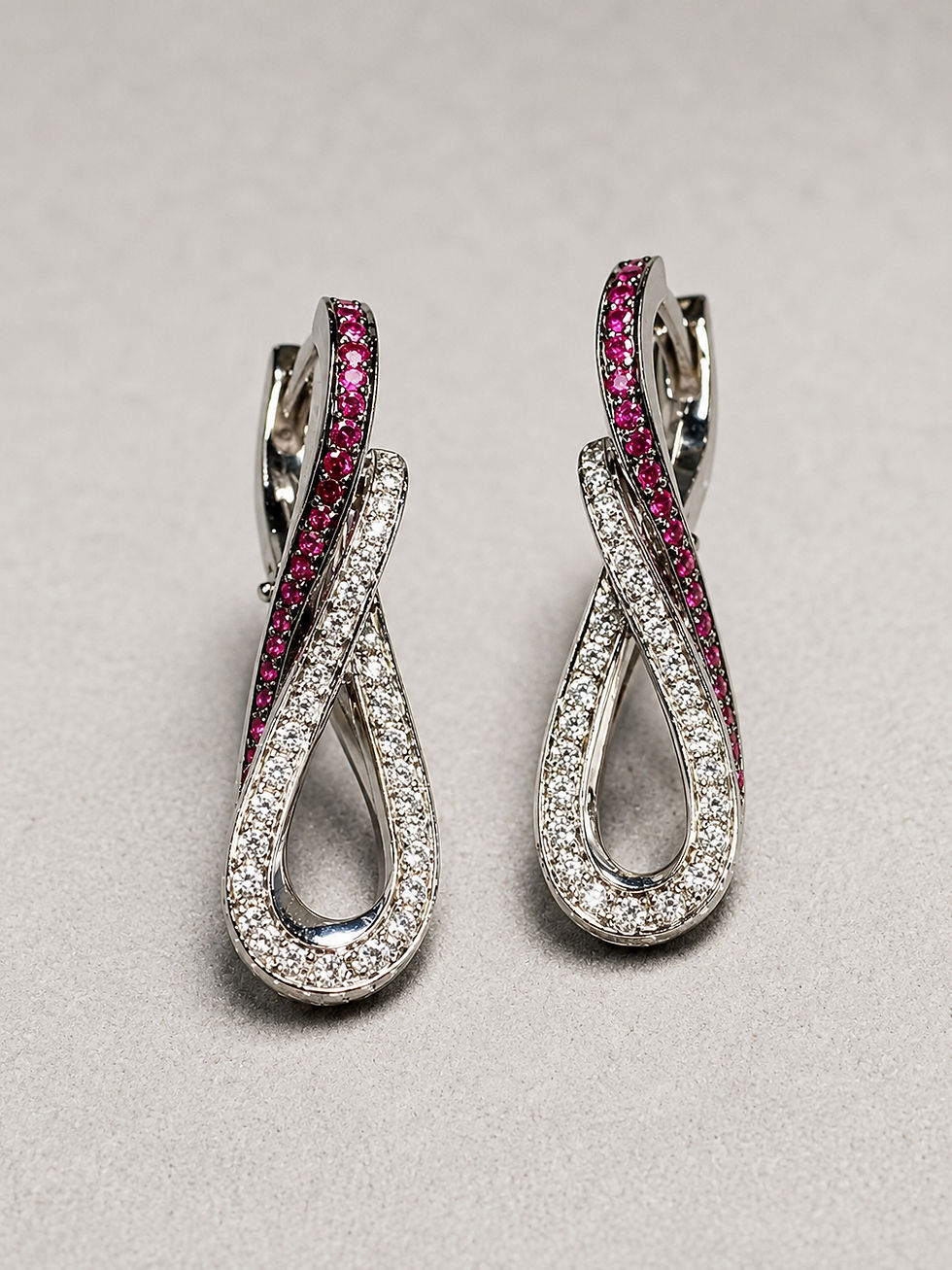 Thumbnail: Estate 18K White Gold Ruby & Diamond Twist Dangle Infinity Drop Earrings