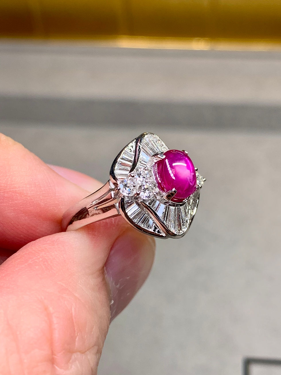 Thumbnail: Estate Platinum Cabochon Star Ruby Baguette & Round Diamond Statement Ring