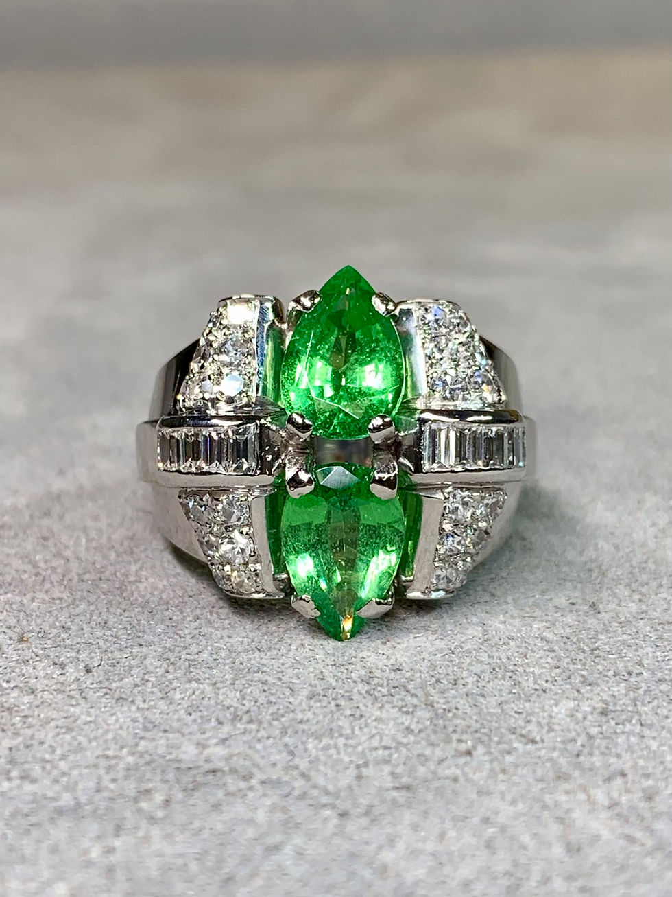 Thumbnail: Vintage 1950’s Retro Platinum Apposing Pear Peridot Diamond Large Cocktail Ring
