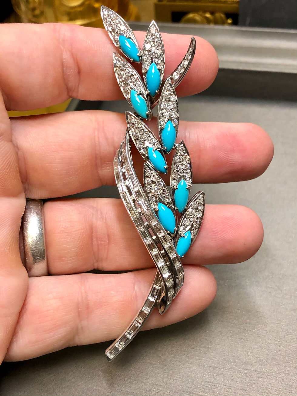 Thumbnail: Vintage 18K Baguette Round Diamond Turquoise Leaf Brooch Pin Pendant 6.36cttw