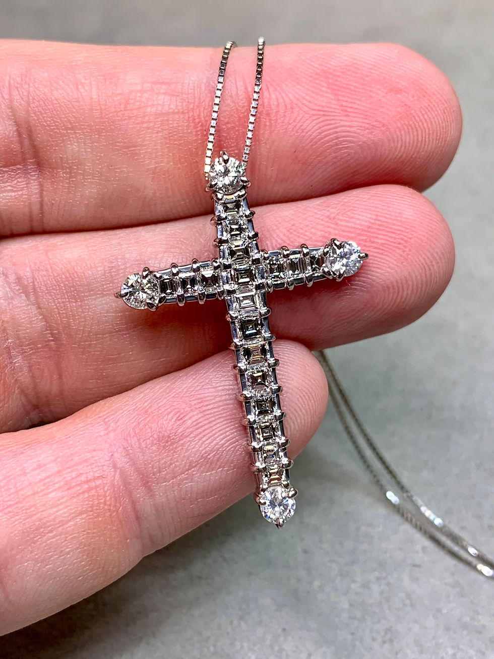 Thumbnail: Estate Platinum Prong Set Carré & Round Diamond Cross Pendant Necklace