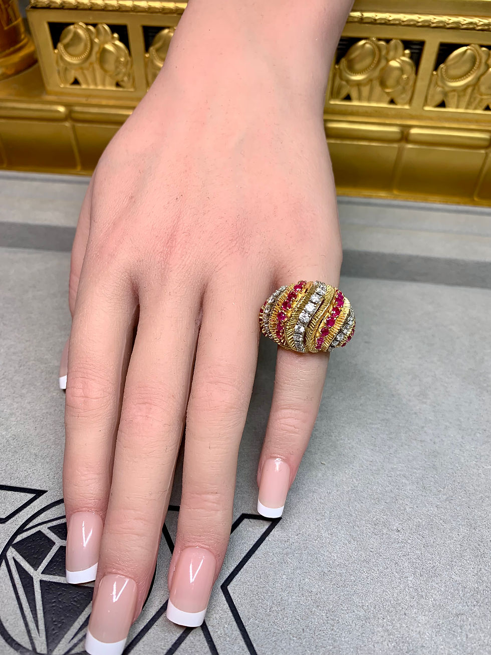 Thumbnail: Vintage Mid Century 18K Ruby Diamond Textured Ribbon Bombé Cocktail Ring