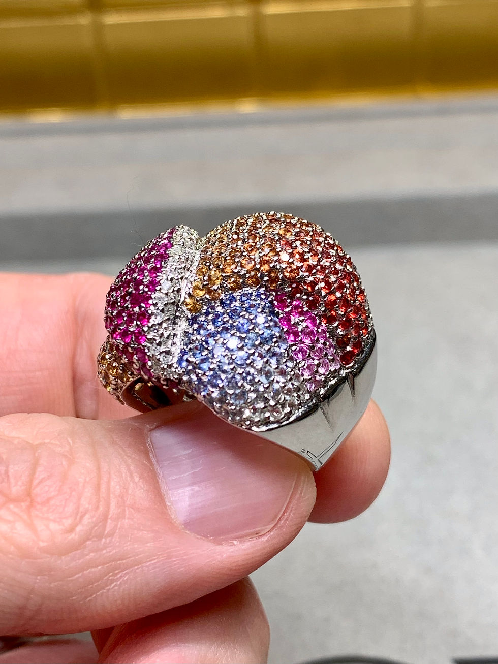 Thumbnail: Estate 14K Pavé Multicolored Sapphire Diamond Basketweave Large Cocktail Ring