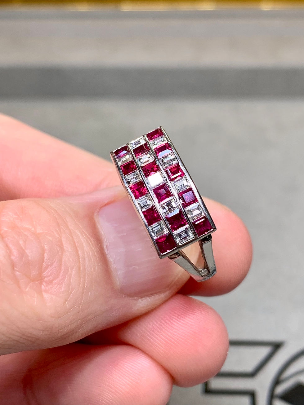 Thumbnail: Vintage Platinum Carré Cut Diamond & Vivid Ruby Channel Set Cocktail Ring 2.70ct