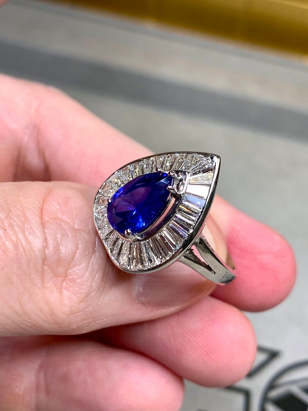 Thumbnail: Platinum Ceylon Pear Sapphire & Baguette Diamond Ballerina Cocktail Ring GIA