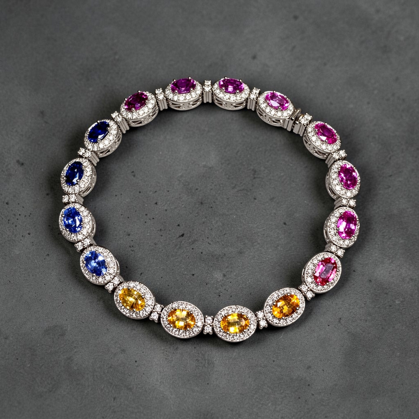 Contemporary 14K White Gold Multicolored Oval Sapphire Diamond Halo Bracelet 7”