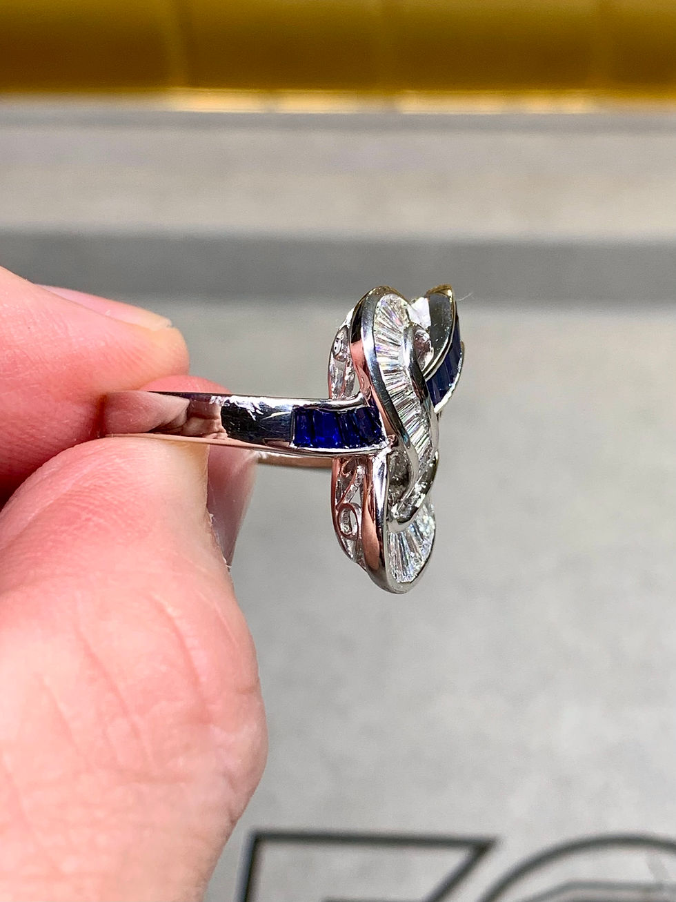Thumbnail: Estate Platinum Baguette Diamond & Sapphire Knot Motif Cocktail Ring 3.60ctw