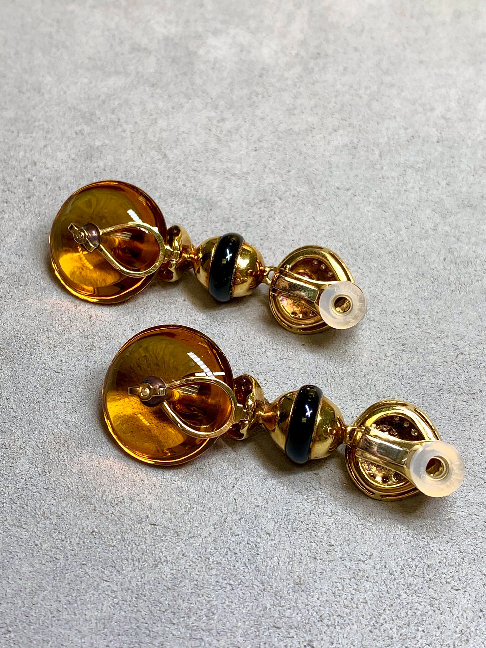 Thumbnail: Estate 18K Diamond Cabochon Ruby Onyx & Citrine Disc Long Drop Dangle Earrings