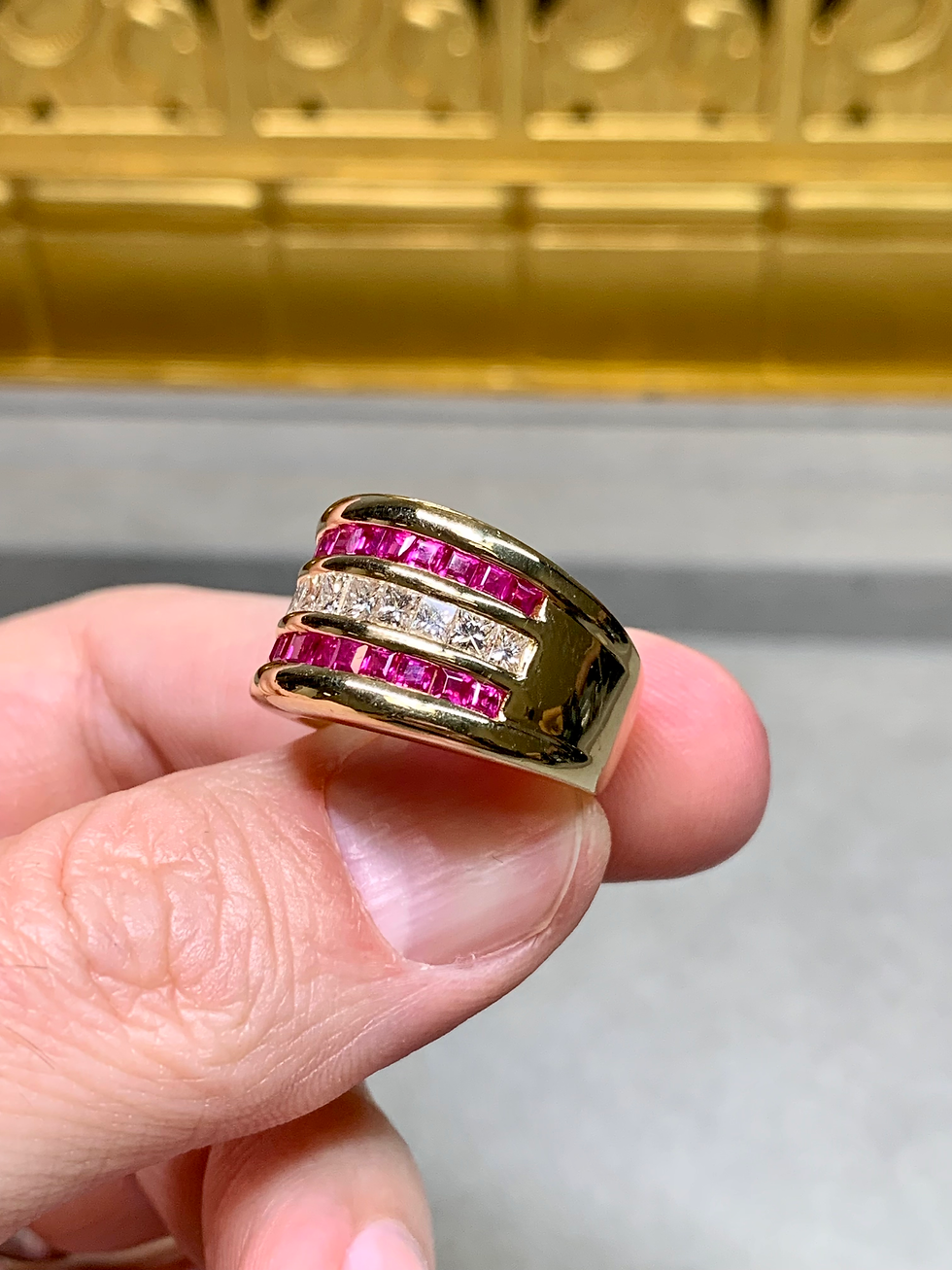 Thumbnail: Estate 18K Yellow Gold Ruby Princess Diamond Wide Heavy Cigar Cocktail Ring