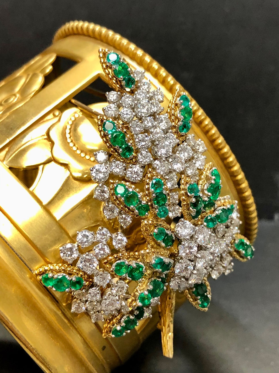 Thumbnail: Estate French 18K Platinum Diamond Emerald Leaf Brooch Pin 13cttw H-Vs