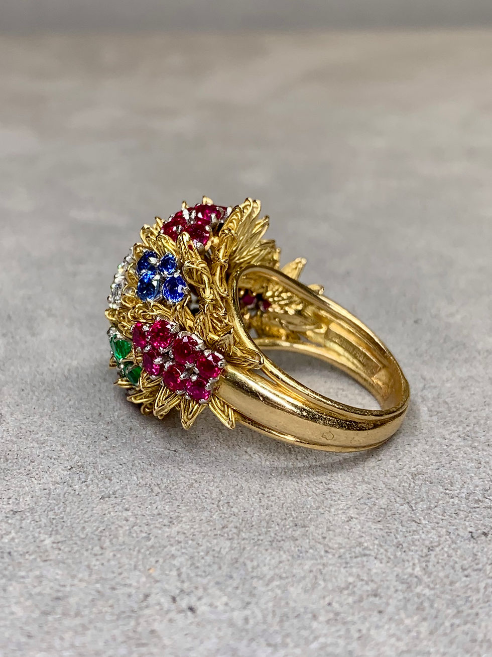 Thumbnail: Vintage 1960’s French 18K Ruby Sapphire & Diamond Floral Bouquet Cocktail Ring