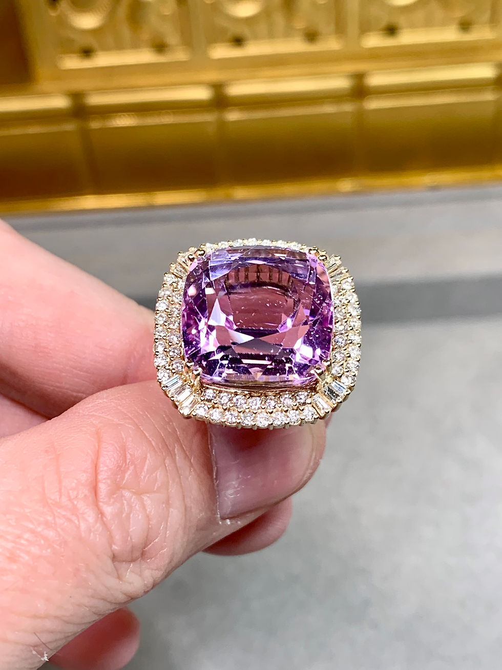 Thumbnail: Estate 14K Pink Cushion Cut Kunzite Baguette Diamond Large Cocktail Ring 24ct