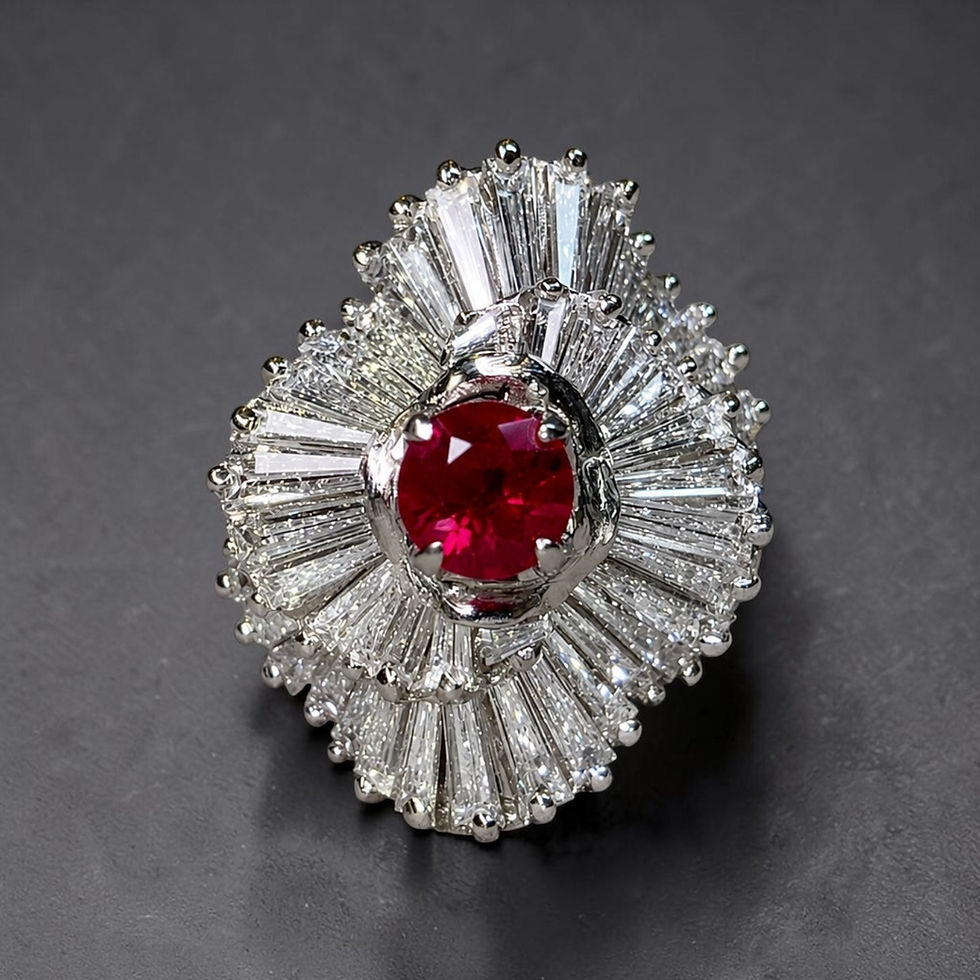 Thumbnail: Vintage Platinum Baguette Diamond Vivid Ruby Spiral Ballerina Cocktail Ring
