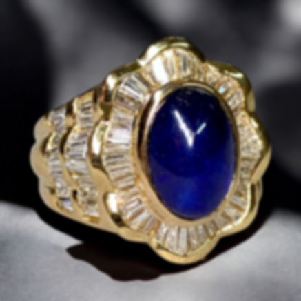 Estate 18K Yellow Gold Cabochon Sapphire Baguette Diamond Cocktail Ring 7.90ctw 