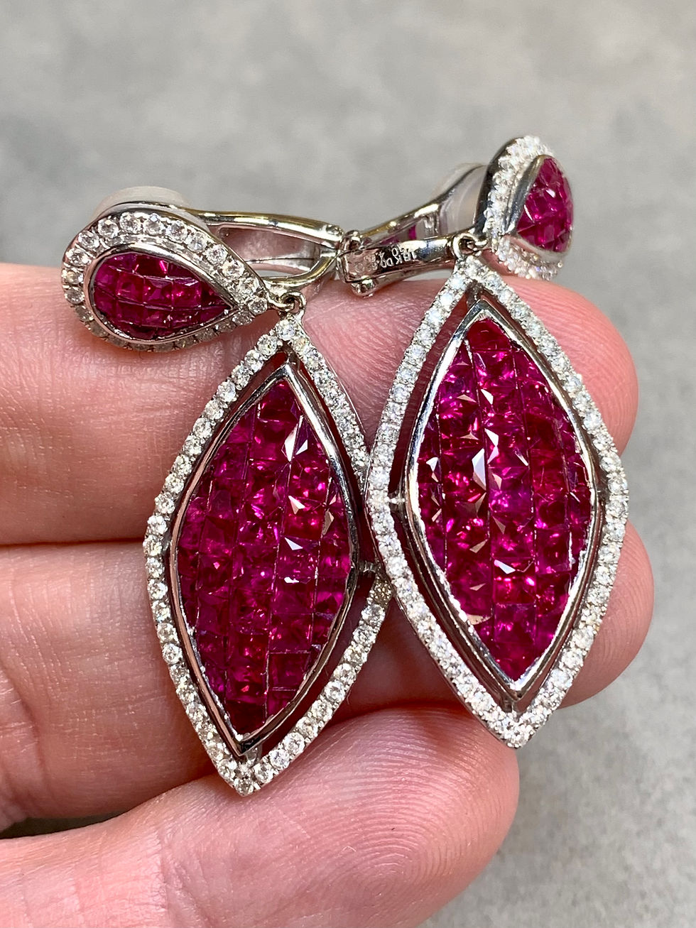 Thumbnail: Estate 18K Invisible Set Vivid Ruby Marquise Shaped Drop Dangle Earrings 9.42ctw